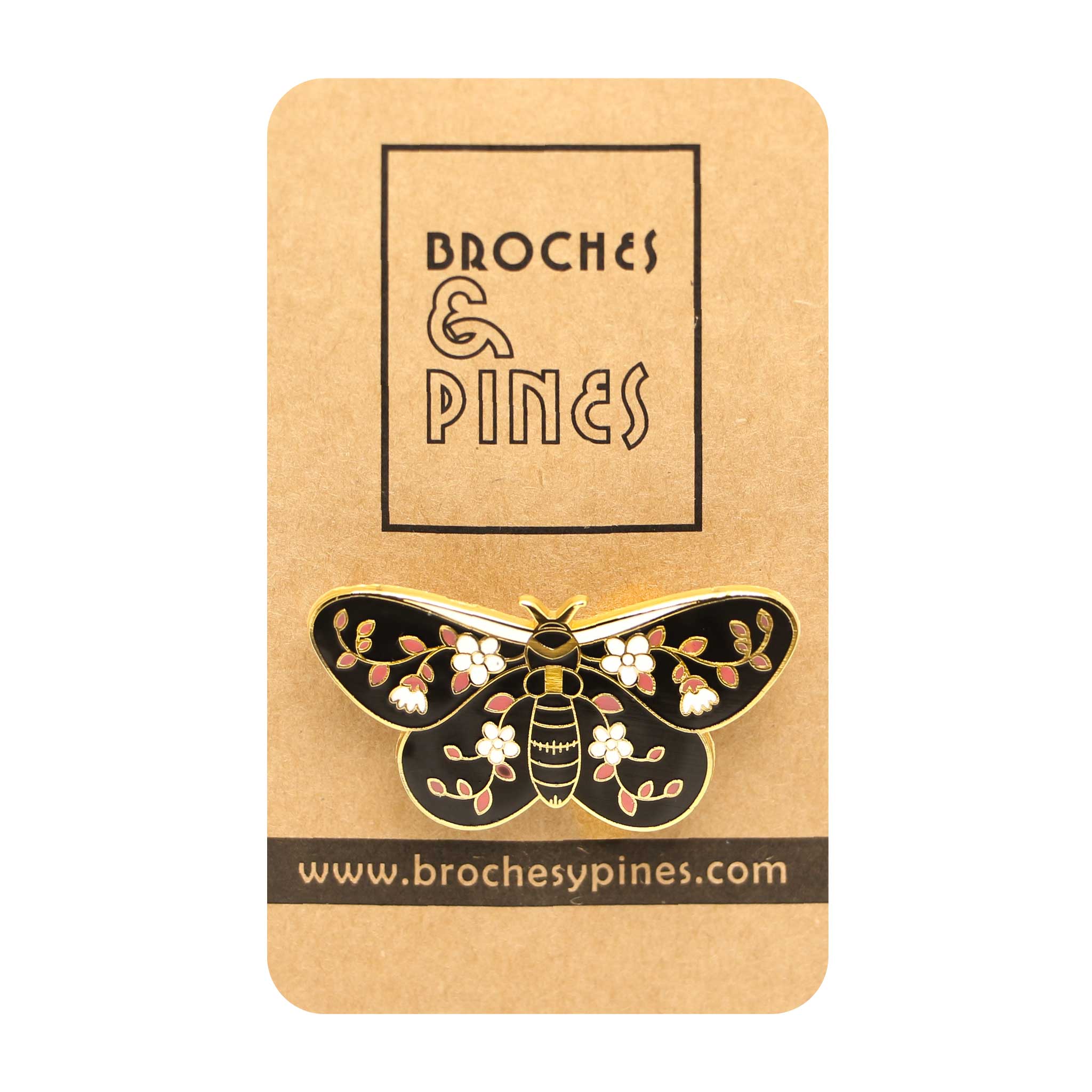 Broche de Mariposa Negro con Blancas y Hojas verdes - Insectos – Broches y Pines