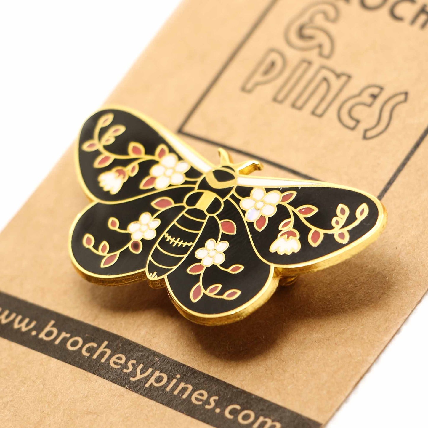Broche Mariposa Negro con Flores - Detalles en Blanco y Dorado- Insectos