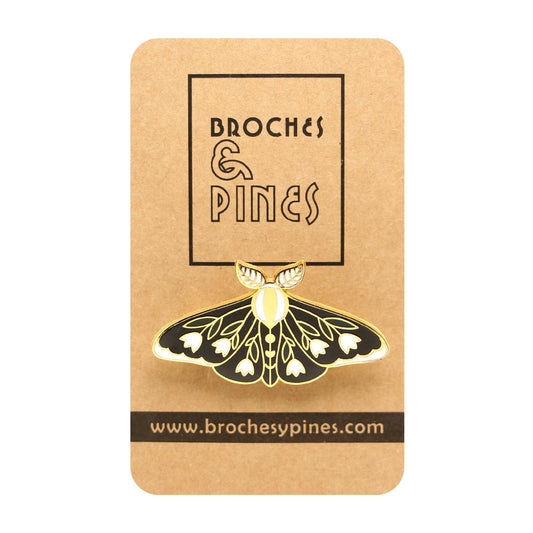 Broche Mariposa Negro con Flores Blancas - Detalles en Dorado - Insectos